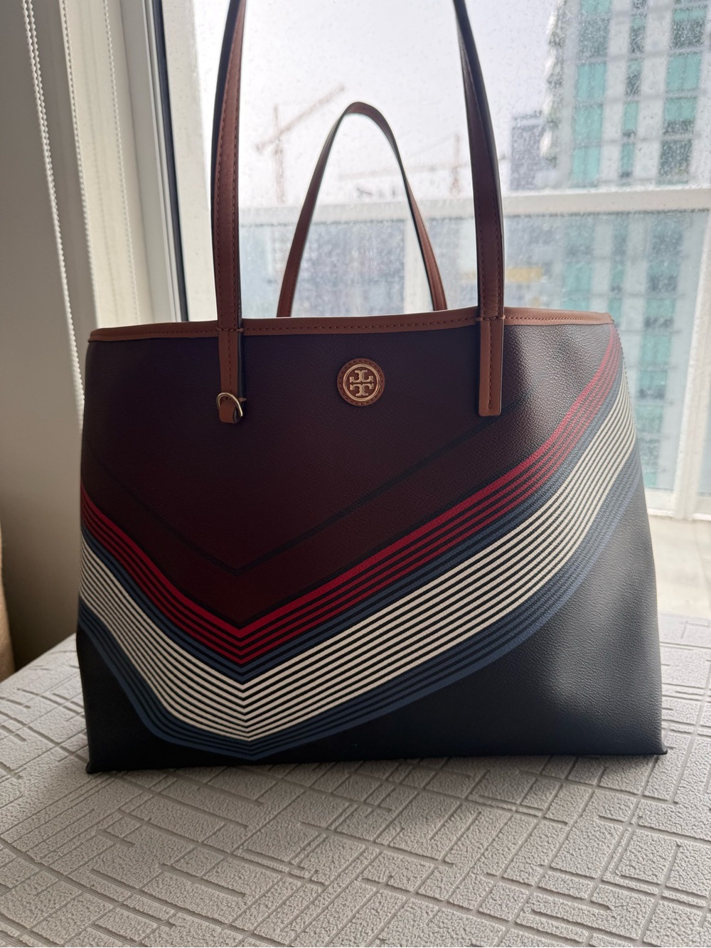 Tory Burch Navy, Burgundy & White Chevron Stripe Tote